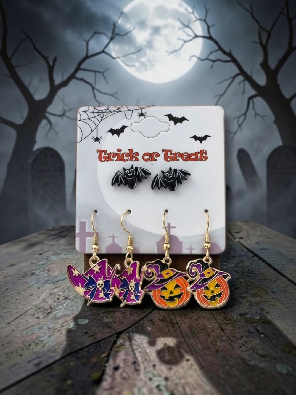 Halloween 3-Piece Earring Set - Bat Studs, Witch's Hat & Jack-O'-Lantern